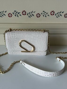 3.1 Phillip Lim White Croc-Embossed Chain Crossbody with Gold Hardware